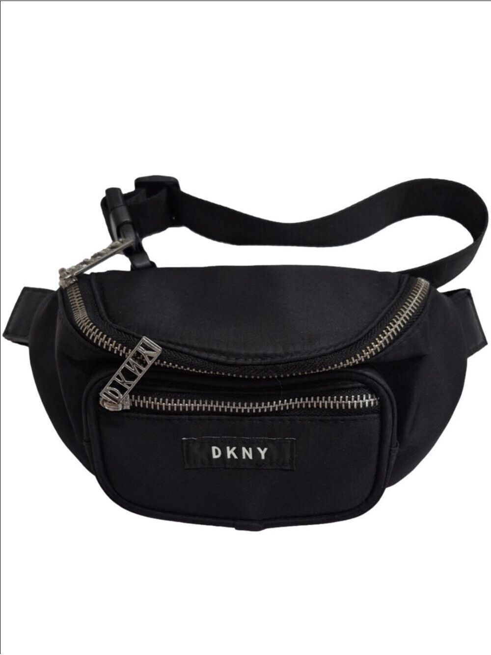 DKNY Black Nylon Waist Pouch Sling Bag - Built - In Card Slots Silver Hardware